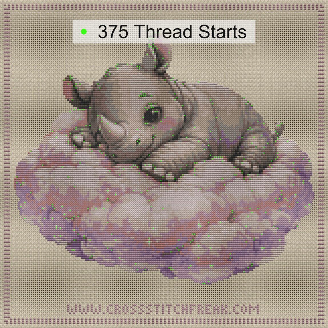 baby-rhino cross stitch start point map with highlighted thread start positions in the full design