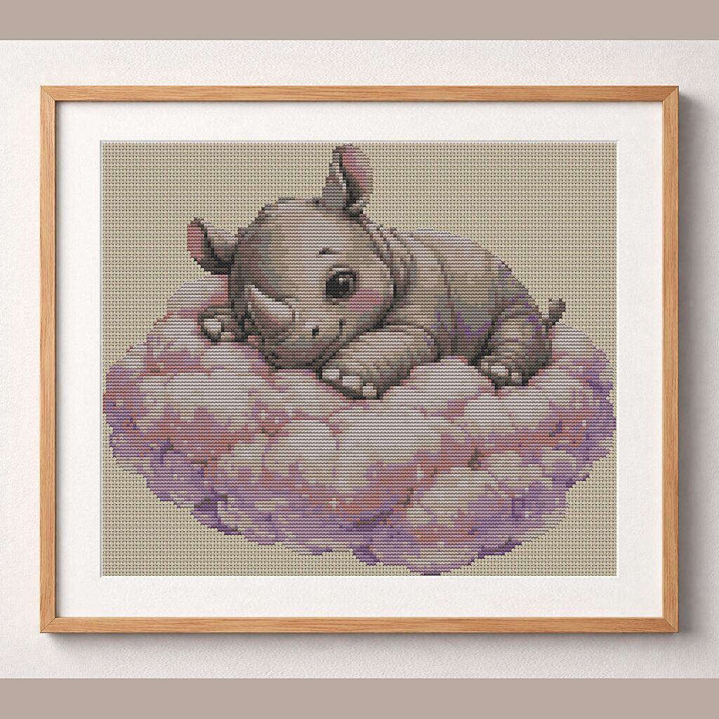 baby-rhino framed cross stitch mockup, realistic finished embroidery design, PDF pattern digital download