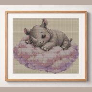 baby-rhino framed cross stitch mockup, realistic finished embroidery design, PDF pattern digital download