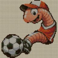 earthworm-plays-soccer full cross stitch design mockup without frame, realistic embroidery preview