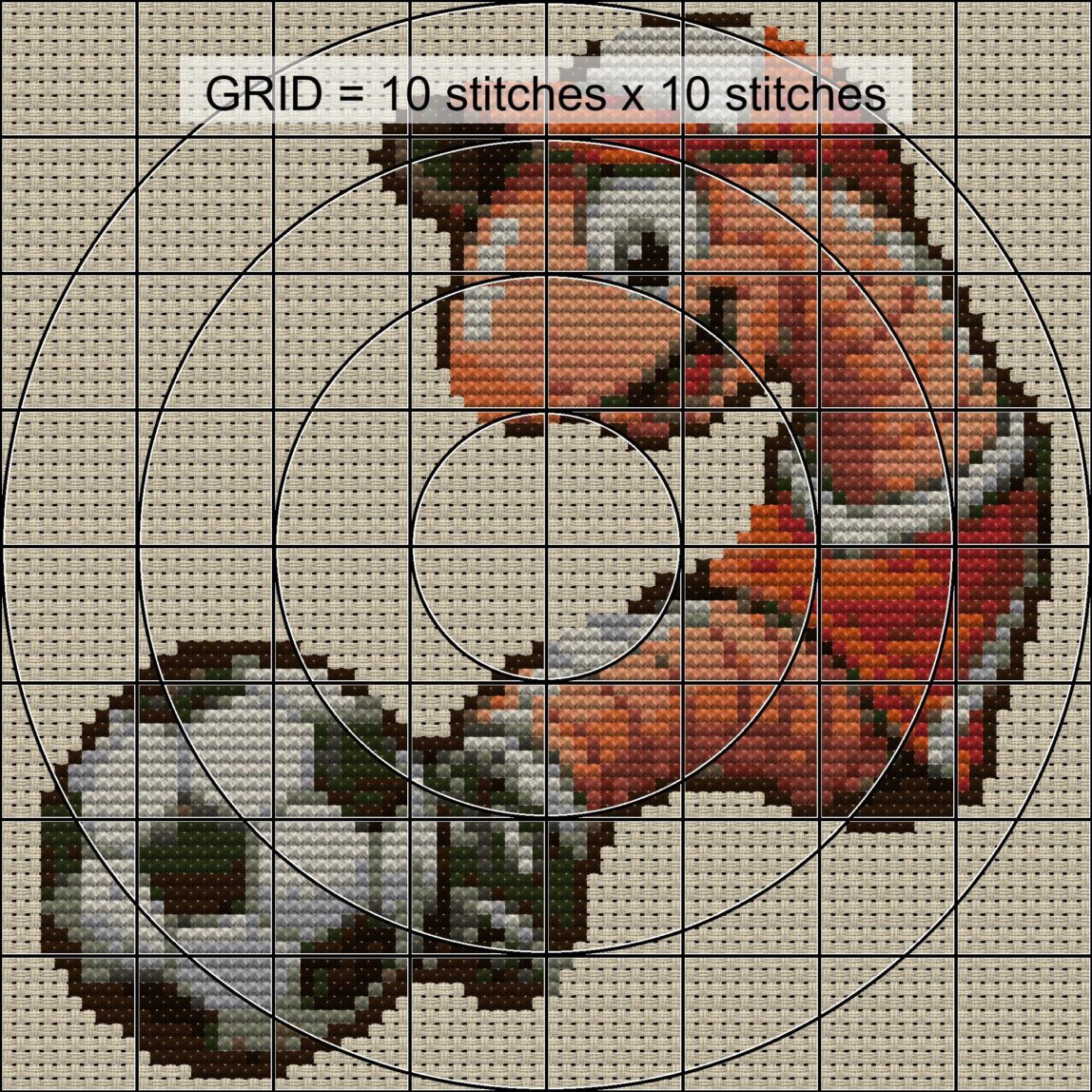 earthworm-plays-soccer close-up cross stitch detail showing color changes, confetti areas and stitch texture