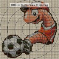 earthworm-plays-soccer close-up cross stitch detail showing color changes, confetti areas and stitch texture