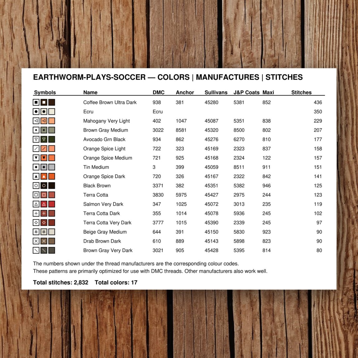 earthworm-plays-soccer thread color chart with DMC, Anchor, Sullivans, J&P Coats and Maxi color references