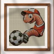 earthworm-plays-soccer alternative framed cross stitch mockup, realistic finished embroidery presentation