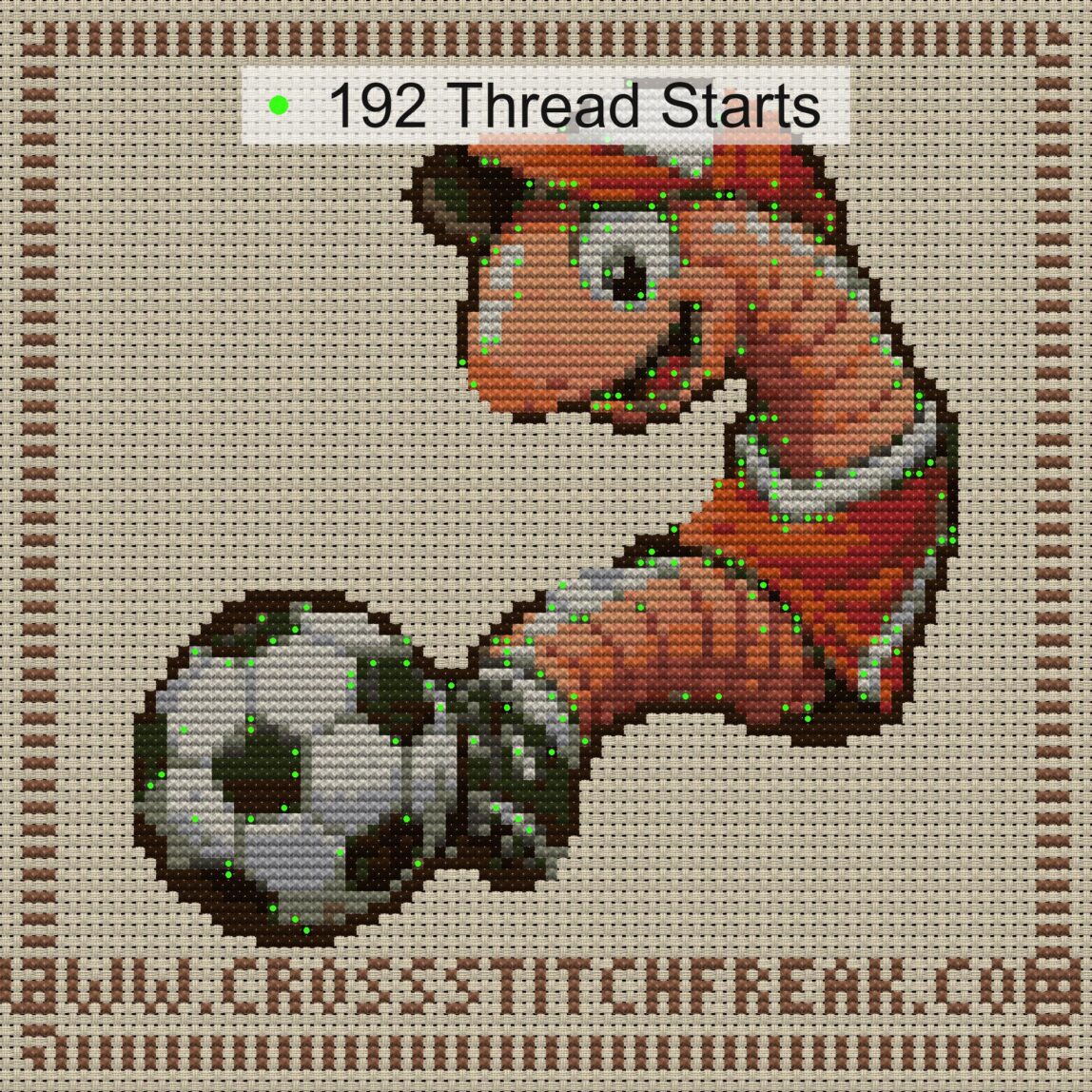 earthworm-plays-soccer cross stitch start point map with highlighted thread start positions in the full design