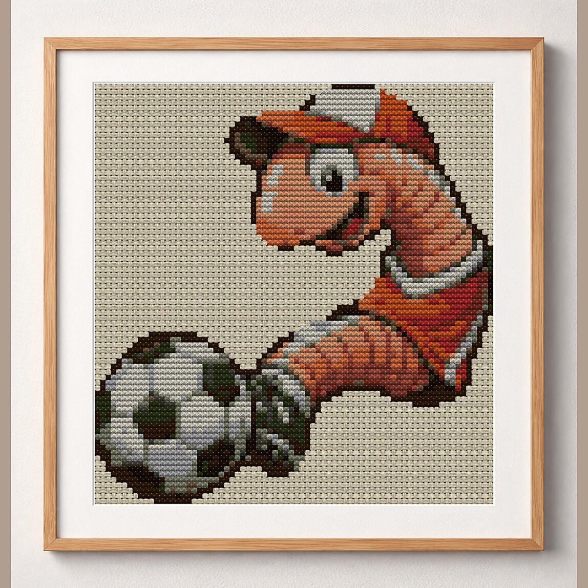 earthworm-plays-soccer framed cross stitch mockup, realistic finished embroidery design, PDF pattern digital download