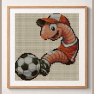 earthworm-plays-soccer framed cross stitch mockup, realistic finished embroidery design, PDF pattern digital download