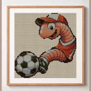 earthworm-plays-soccer framed cross stitch mockup, realistic finished embroidery design, PDF pattern digital download