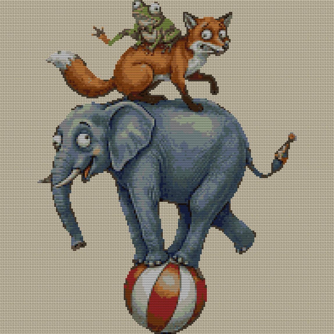 frog-fox-elephant-artists full cross stitch design mockup without frame, realistic embroidery preview
