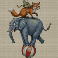 frog-fox-elephant-artists full cross stitch design mockup without frame, realistic embroidery preview