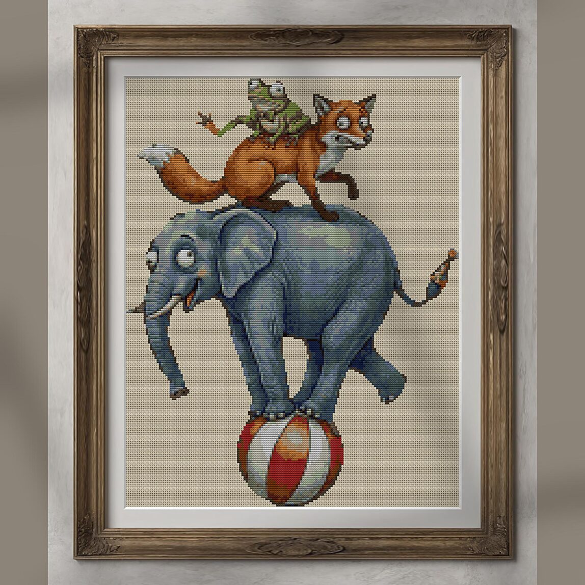 frog-fox-elephant-artists alternative framed cross stitch mockup, realistic finished embroidery presentation