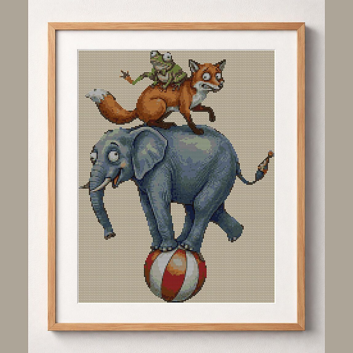 frog-fox-elephant-artists framed cross stitch mockup, realistic finished embroidery design, PDF pattern digital download