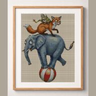 frog-fox-elephant-artists framed cross stitch mockup, realistic finished embroidery design, PDF pattern digital download