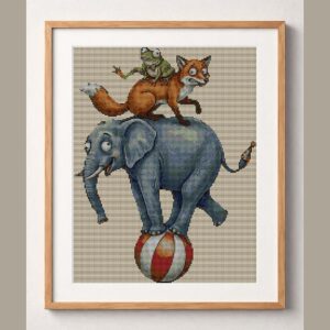 frog-fox-elephant-artists framed cross stitch mockup, realistic finished embroidery design, PDF pattern digital download