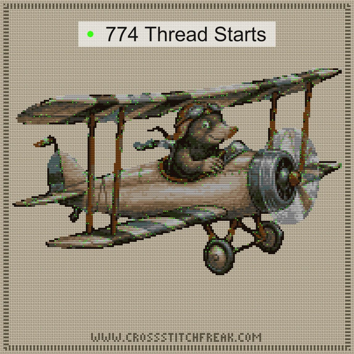 flying-mole cross stitch start point map with highlighted thread start positions in the full design