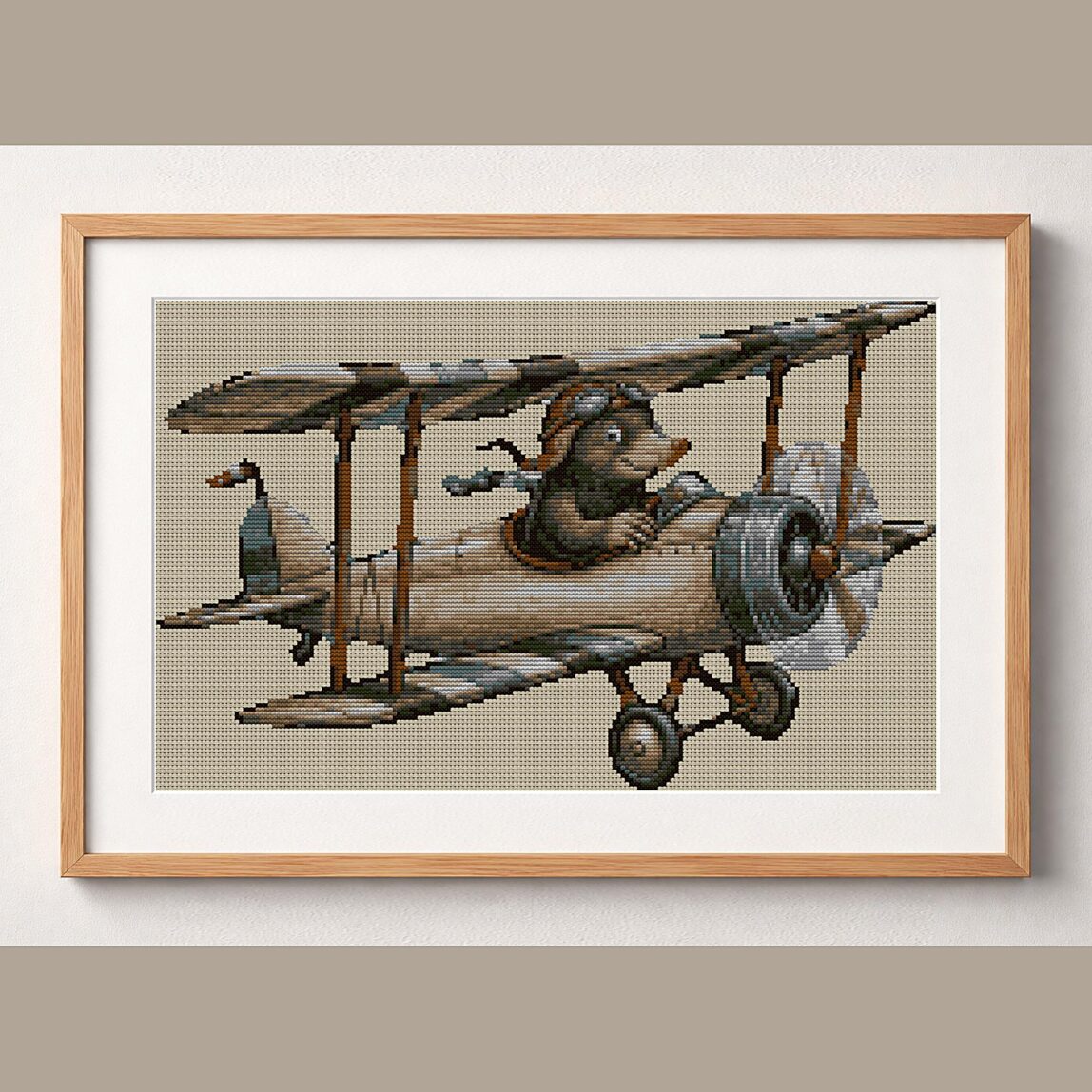 flying-mole framed cross stitch mockup, realistic finished embroidery design, PDF pattern digital download
