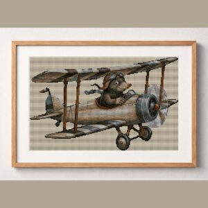 flying-mole framed cross stitch mockup, realistic finished embroidery design, PDF pattern digital download