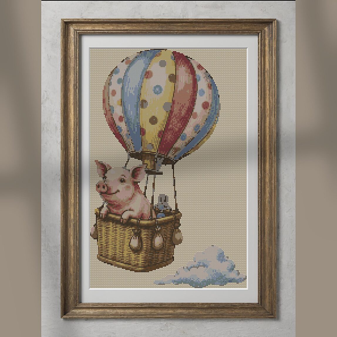 flying-pig alternative framed mockup flying-pig alternative framed cross stitch mockup, realistic finished embroidery presentation
