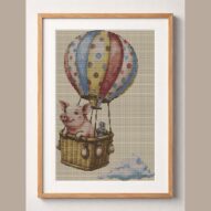 flying-pig framed cross stitch mockup, realistic finished embroidery design, PDF pattern digital download