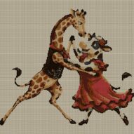 giraffe-cow-tango full cross stitch design mockup without frame, realistic embroidery preview