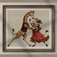 giraffe-cow-tango alternative framed cross stitch mockup, realistic finished embroidery presentation