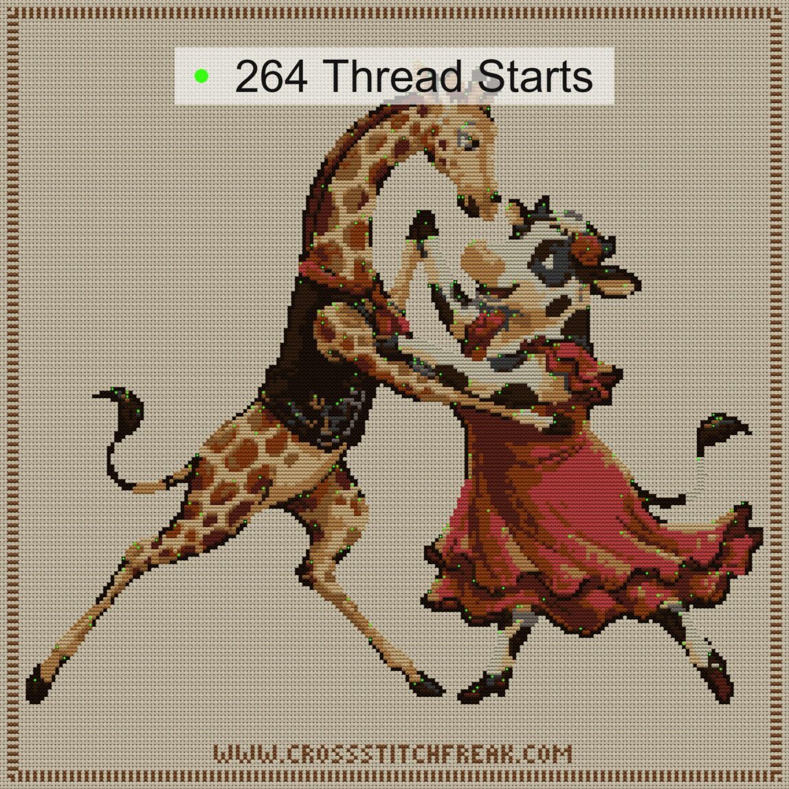 giraffe-cow-tango thread start point map giraffe-cow-tango cross stitch start point map with highlighted thread start positions in the full design