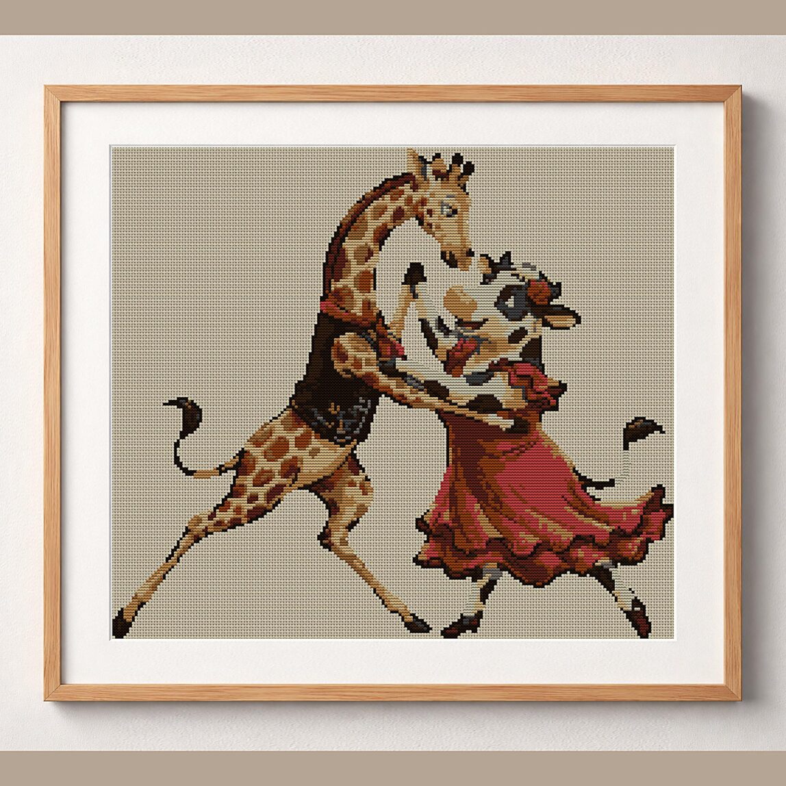 giraffe-cow-tango framed cross stitch mockup giraffe-cow-tango framed cross stitch mockup, realistic finished embroidery design, PDF pattern digital download