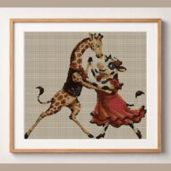 giraffe-cow-tango framed cross stitch mockup, realistic finished embroidery design, PDF pattern digital download