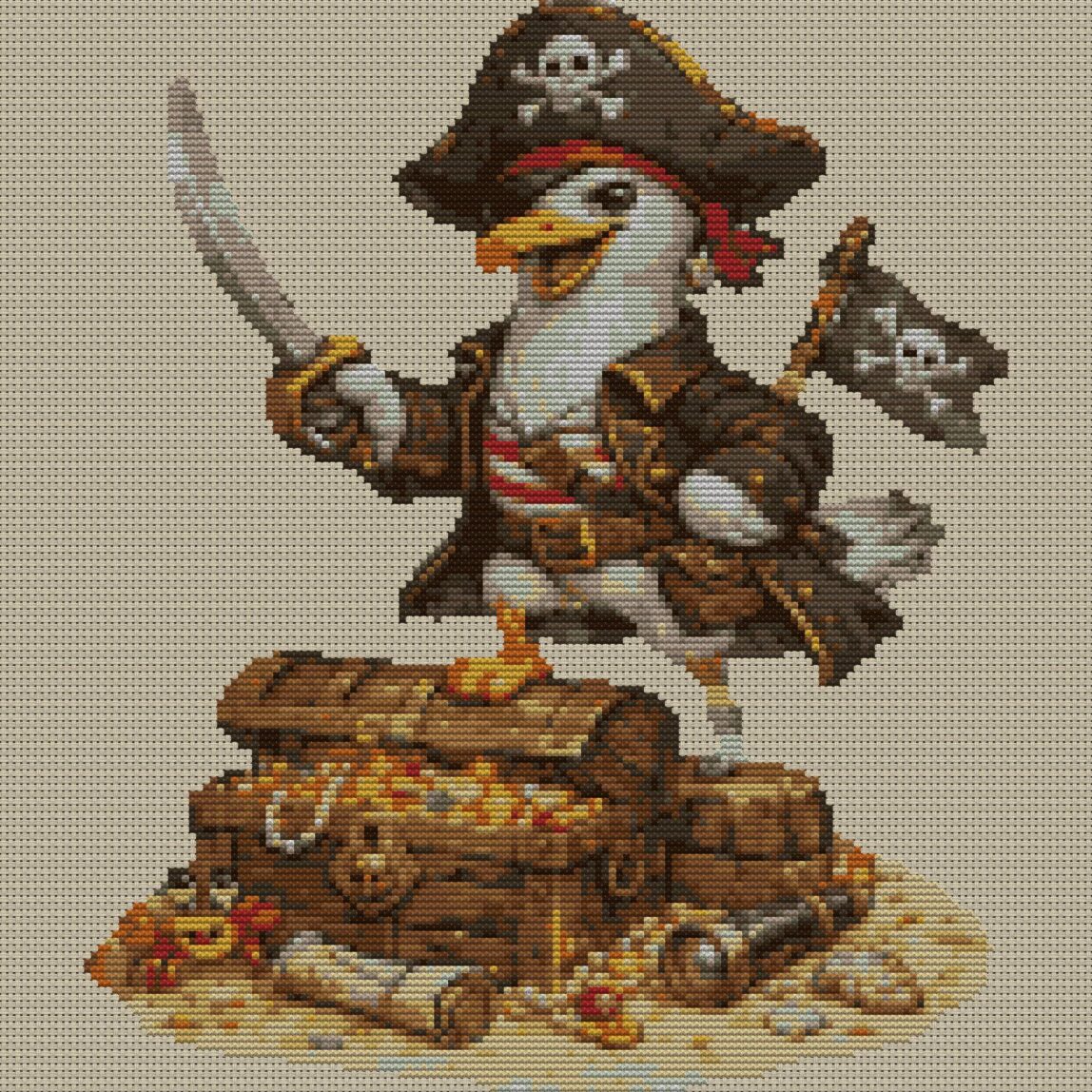 pirate-gull full cross stitch design mockup without frame, realistic embroidery preview