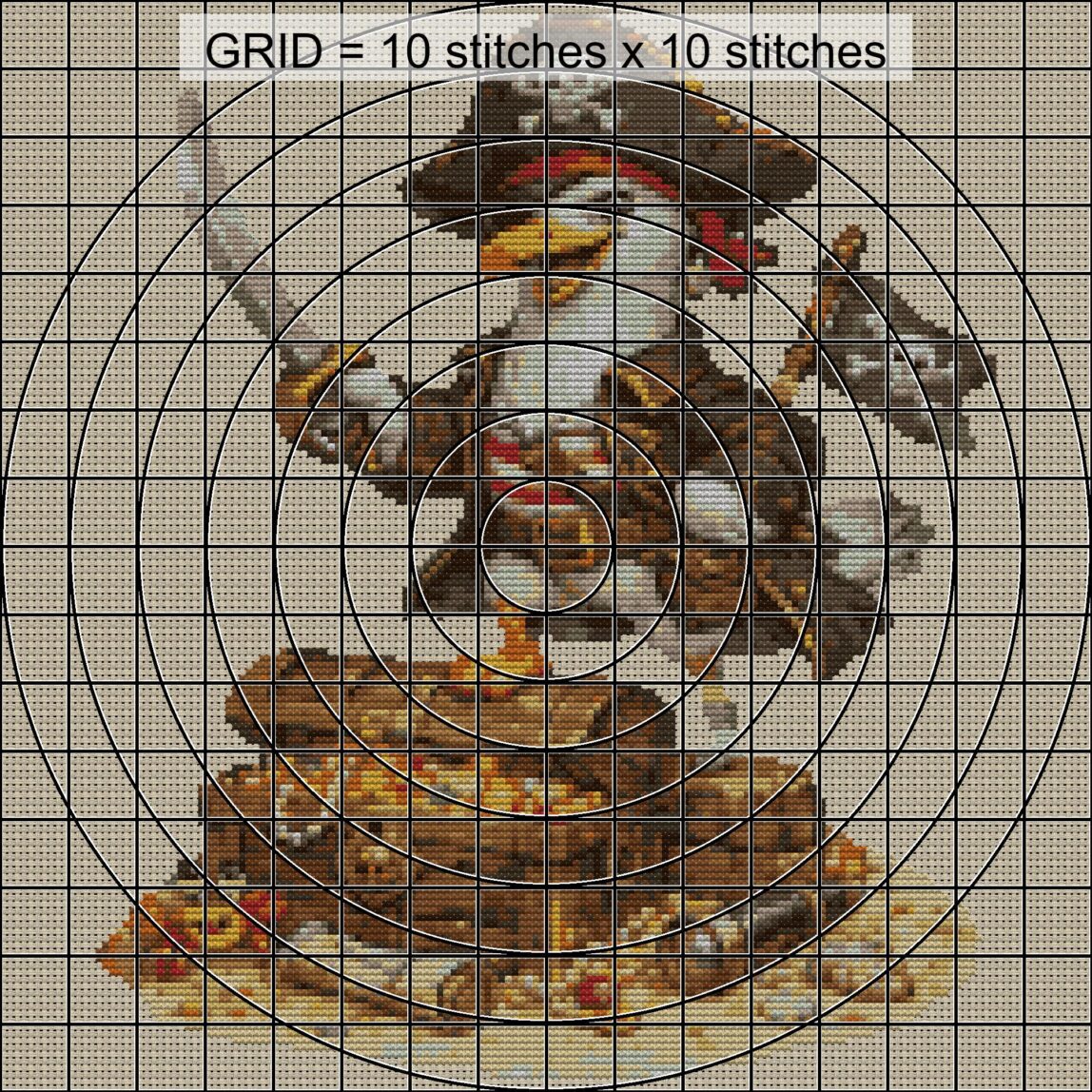 pirate-gull close-up cross stitch detail showing color changes, confetti areas and stitch texture