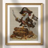 pirate-gull alternative framed cross stitch mockup, realistic finished embroidery presentation