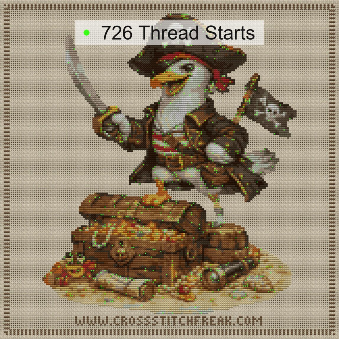 pirate-gull cross stitch start point map with highlighted thread start positions in the full design