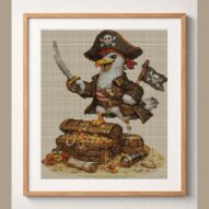 pirate-gull framed cross stitch mockup, realistic finished embroidery design, PDF pattern digital download