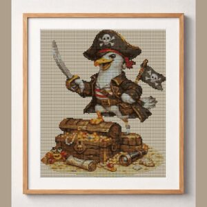 pirate-gull framed cross stitch mockup, realistic finished embroidery design, PDF pattern digital download