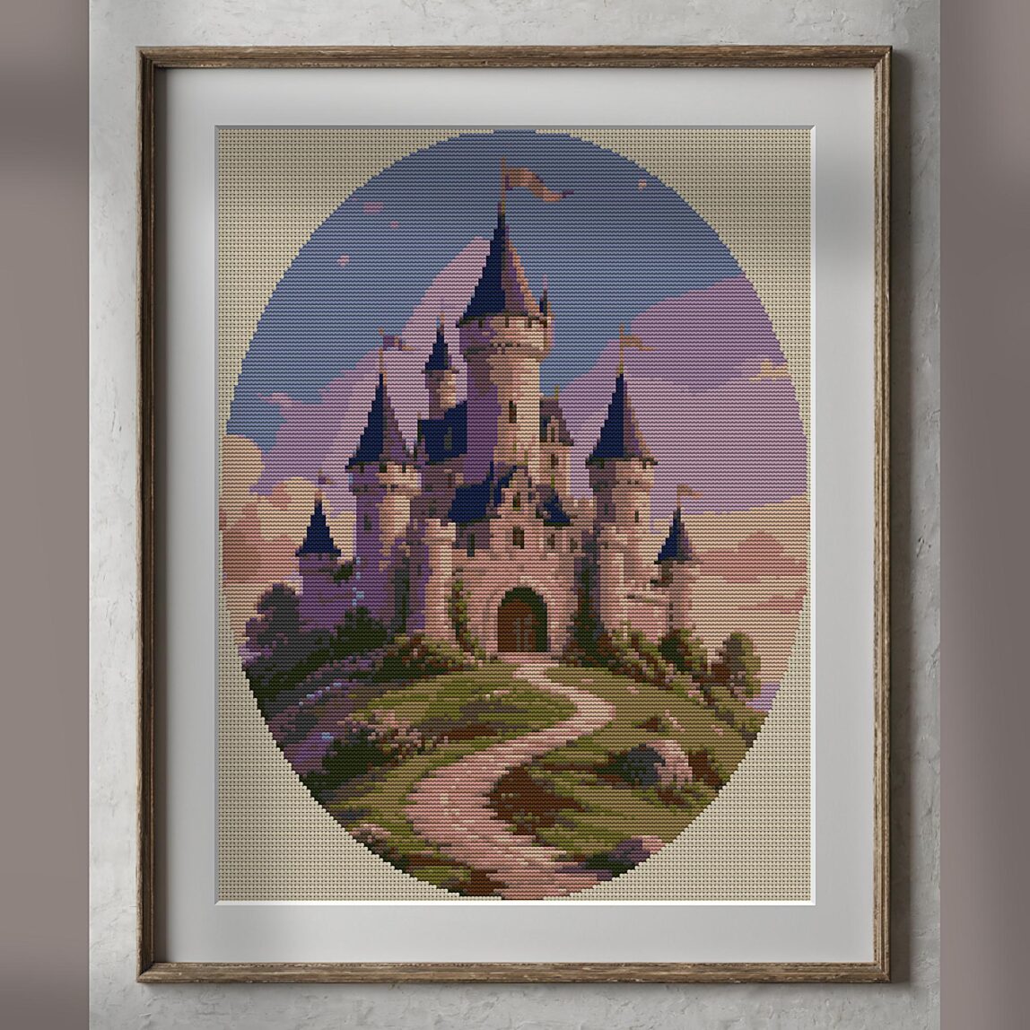 little_castle alternative framed mockup little_castle alternative framed cross stitch mockup, realistic finished embroidery presentation