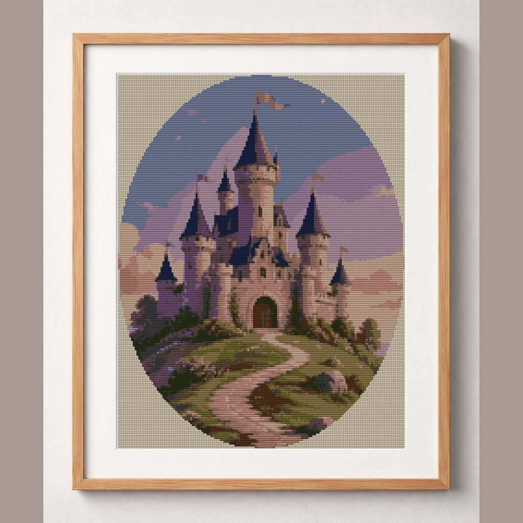 little_castle framed cross stitch mockup, realistic finished embroidery design, PDF pattern digital download