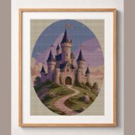 little_castle framed cross stitch mockup, realistic finished embroidery design, PDF pattern digital download