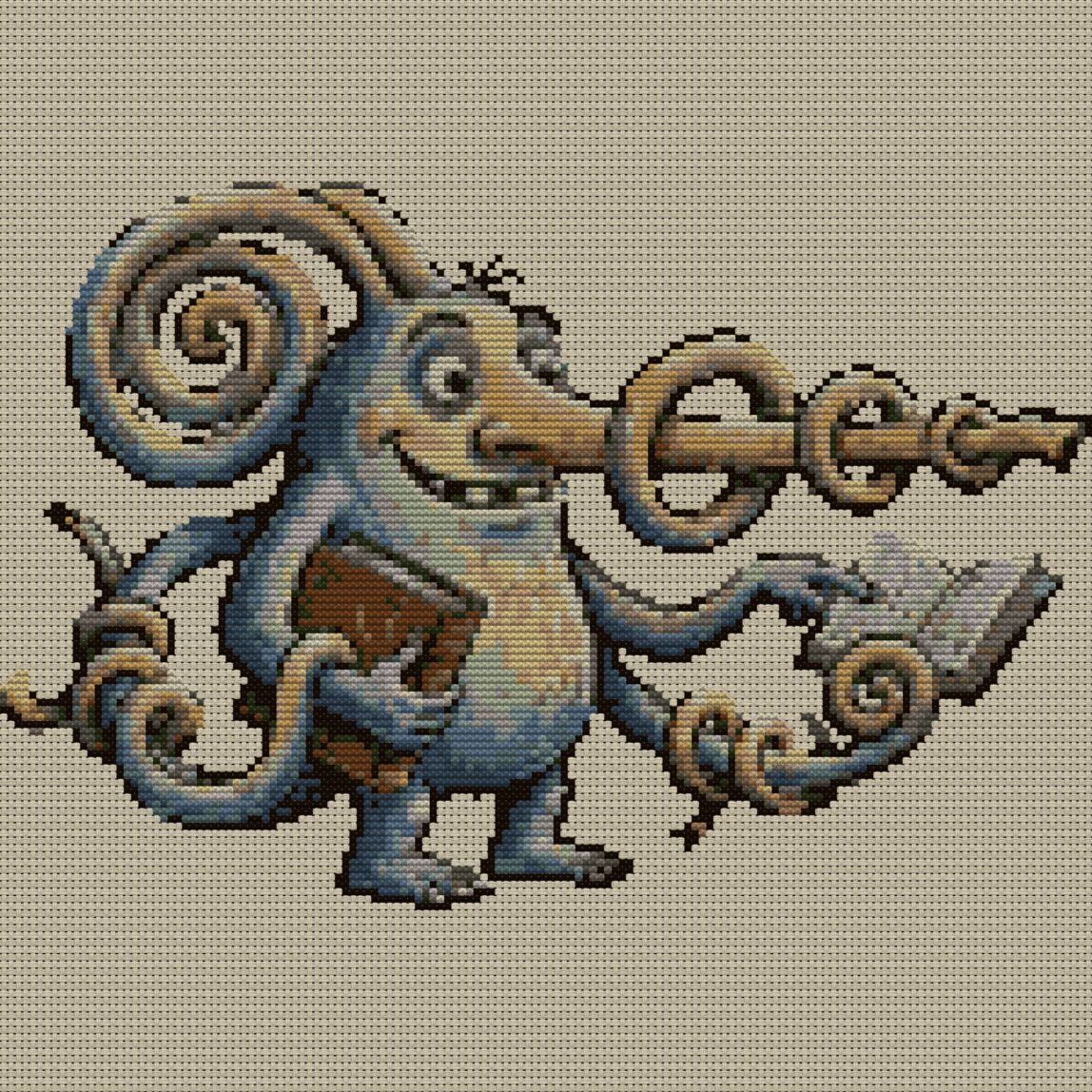 alien-teacher full cross stitch design mockup without frame, realistic embroidery preview