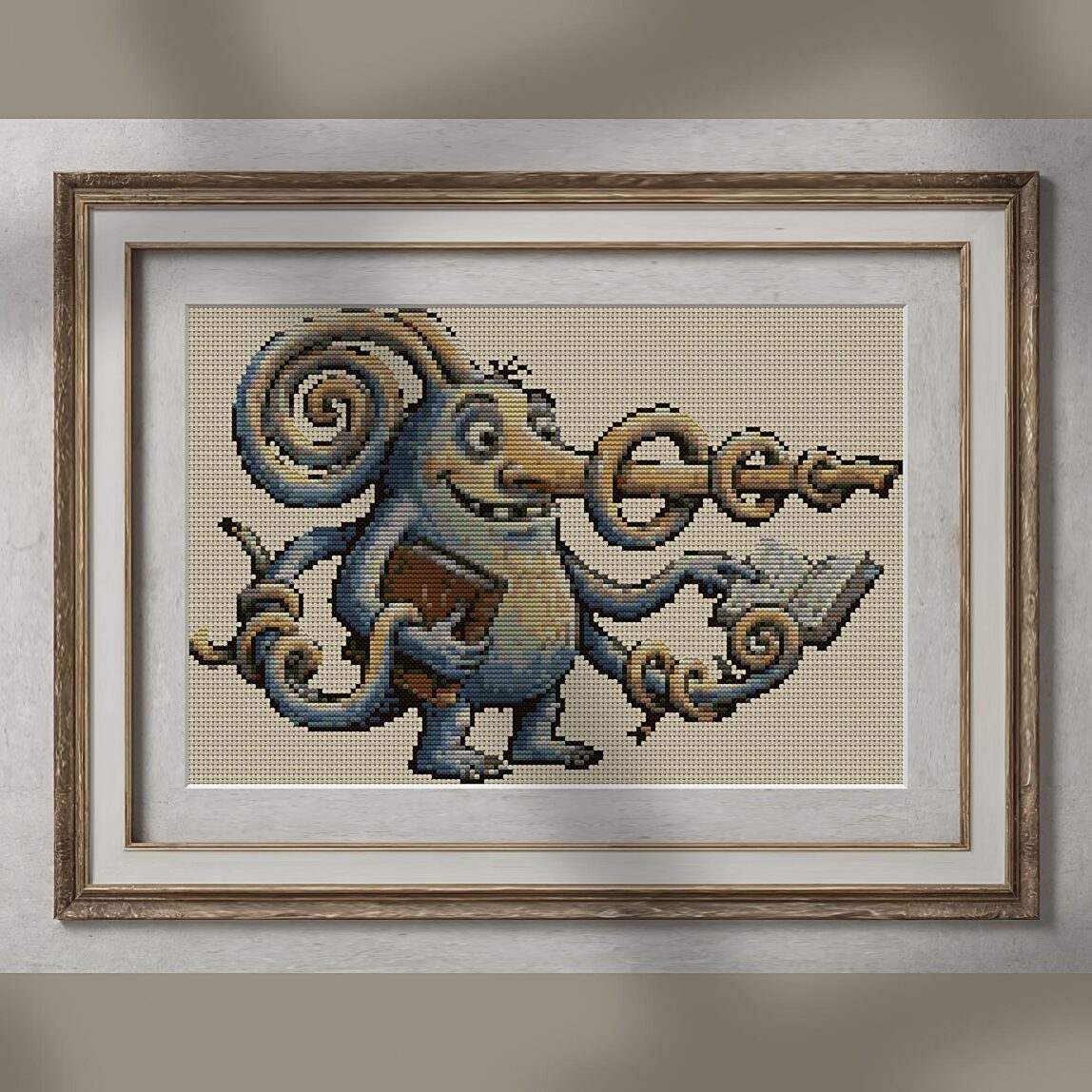 alien-teacher alternative framed cross stitch mockup, realistic finished embroidery presentation