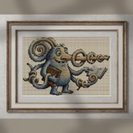 alien-teacher alternative framed cross stitch mockup, realistic finished embroidery presentation