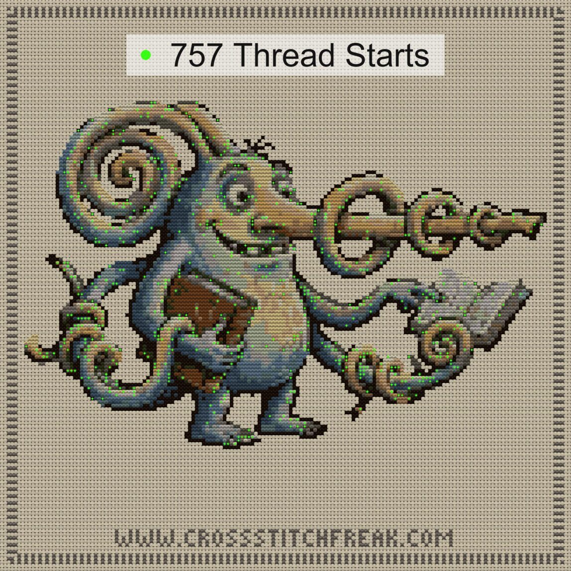 alien-teacher cross stitch start point map with highlighted thread start positions in the full design