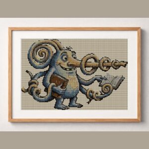 alien-teacher framed cross stitch mockup, realistic finished embroidery design, PDF pattern digital download