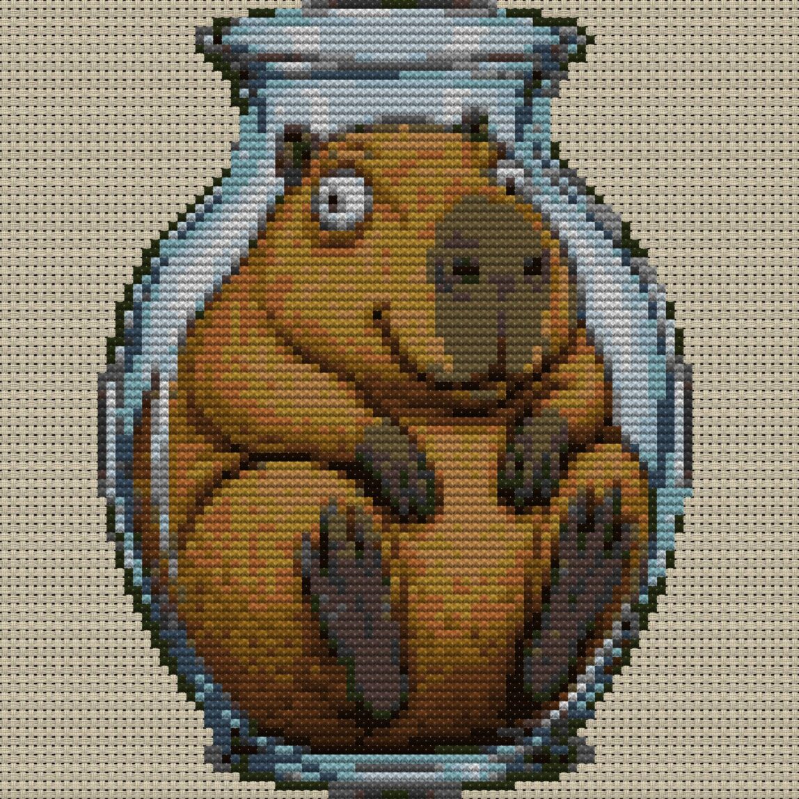 capybara-in-glass full cross stitch design mockup without frame, realistic embroidery preview
