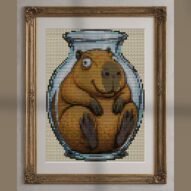 capybara-in-glass alternative framed cross stitch mockup, realistic finished embroidery presentation