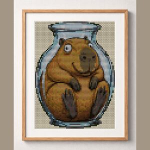 capybara-in-glass framed cross stitch mockup, realistic finished embroidery design, PDF pattern digital download