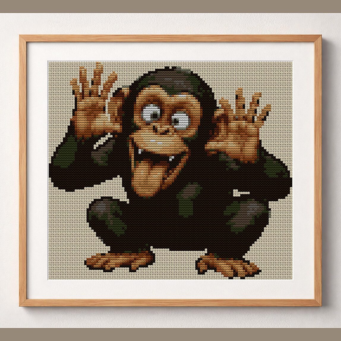 cheeky-monkey framed cross stitch mockup cheeky-monkey framed cross stitch mockup, realistic finished embroidery design, PDF pattern digital download