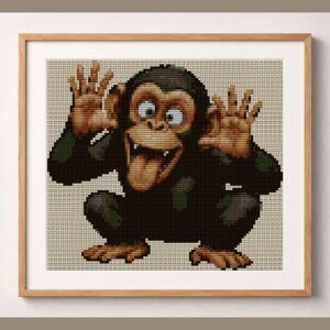 cheeky-monkey framed cross stitch mockup, realistic finished embroidery design, PDF pattern digital download