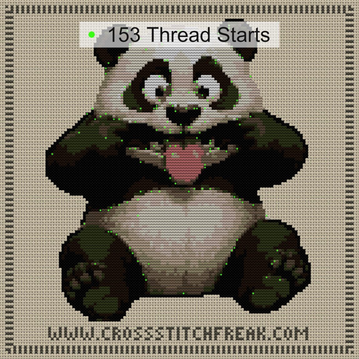 cheeky-panda cross stitch start point map with highlighted thread start positions in the full design