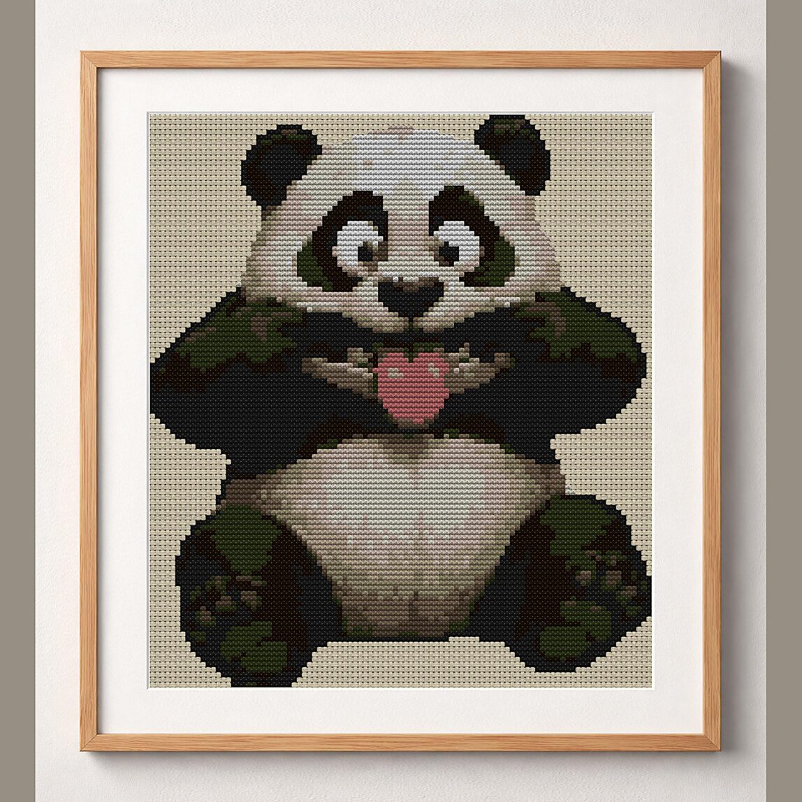 cheeky-panda framed cross stitch mockup, realistic finished embroidery design, PDF pattern digital download