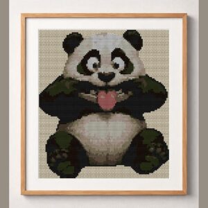cheeky-panda framed cross stitch mockup, realistic finished embroidery design, PDF pattern digital download